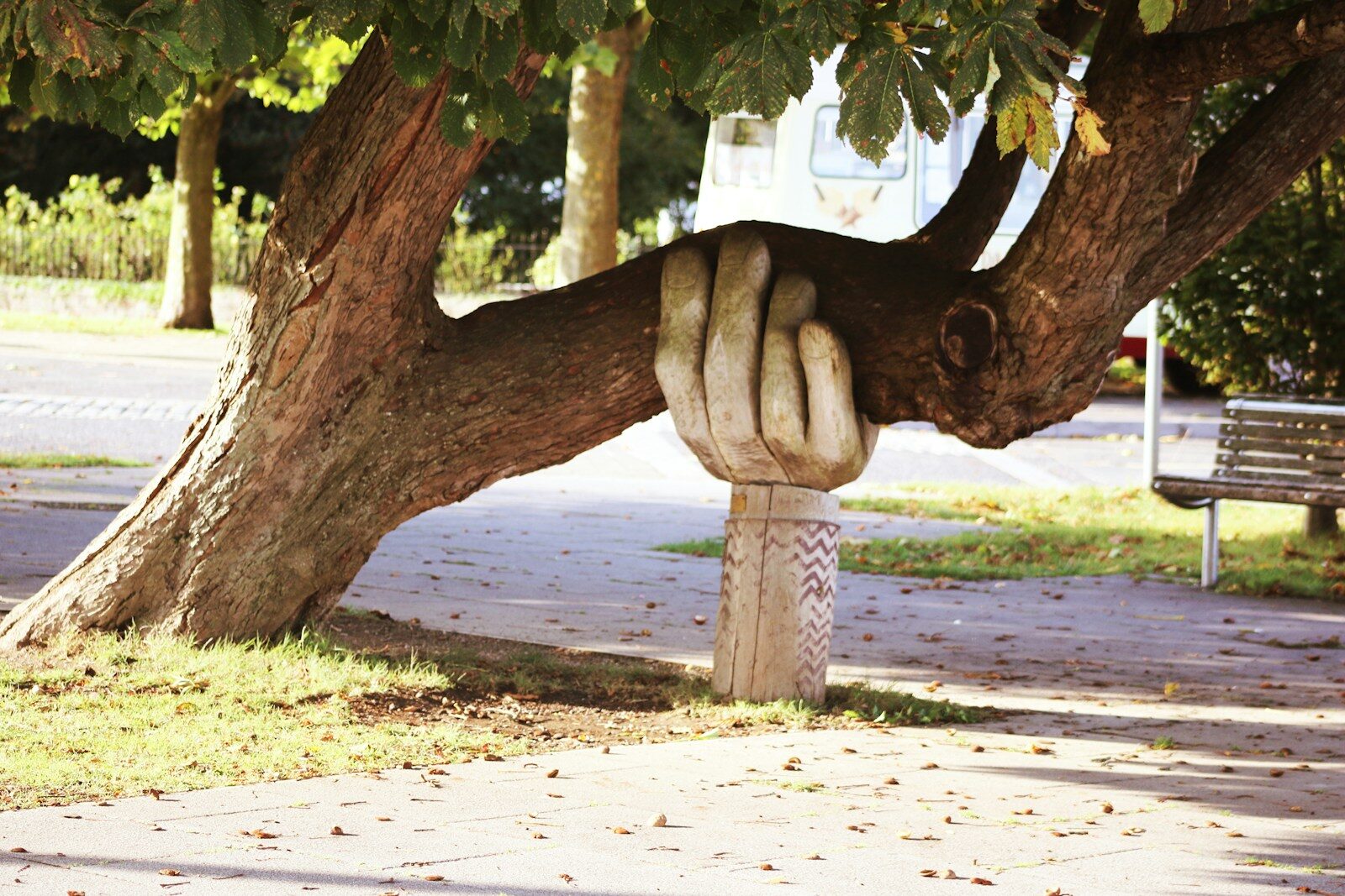 A carved wooden hand supporting a heavy tree branch in a park