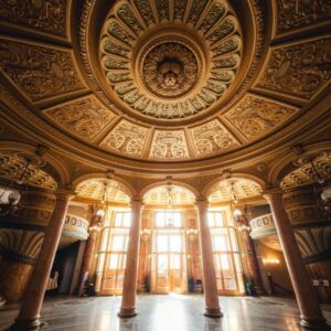 Ornate domed ceiling and marble columns in the Caru cu Bere in Bucharest